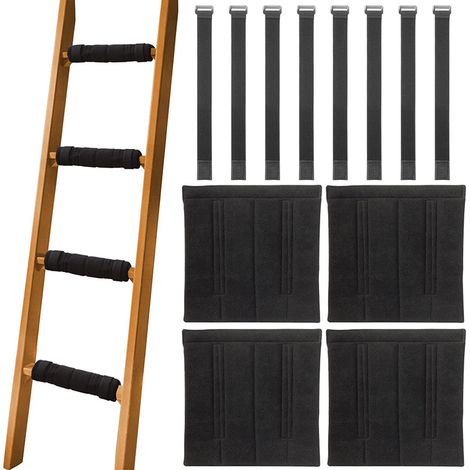 Juego de 4 protectores de escalera para literas con 8 correas de sujeción ajustables. Funda de espuma antideslizante negra para taburete, escalera de cama y escalera telescópica.
