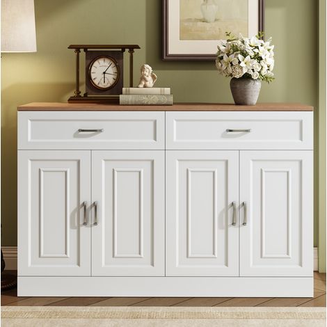 Sideboard aus Spanplatte in Weiß und Holzoptik 120 x 35 x 80,5 cm mit 4 Türen, 2 Schubladen und 2 verstellbaren Einlegeböden (1/5)