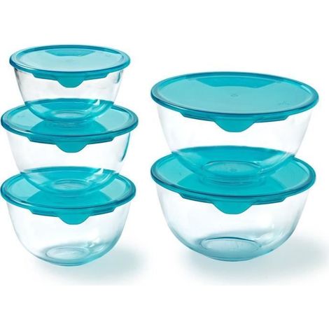 Set mit 5 Schüsseln mit Deckel - PYREX - 1x 0,5L + 2x 1L + 2x 2L