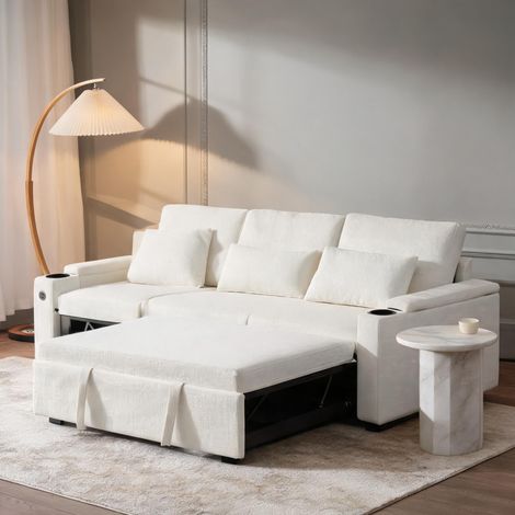 Canapé convertible d'angle beige avec rangement et porte-gobelets (1/5)