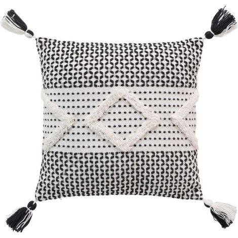 Housse de Coussin à Pompons "Sally" 40x40cm Noir & Blanc (1/4)