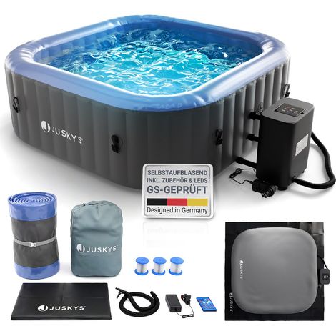 Juskys® Whirlpool SpaLuxe inkl. LED-Beleuchtung – Aufblasbar, 130 Sprudeldüsen, 3000W Gesamtleistung, Grau/Blau