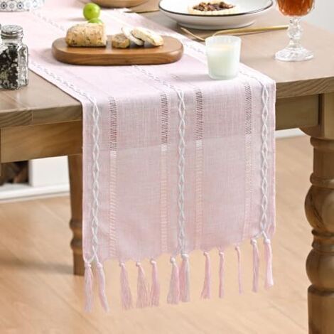 FENOPLASTICAChemin de table bohème, rose, style maison de campagne, pompons, Saint-Valentin, décoration de table, fête, anniversaire, Saint-Valentin, mariage, 33 x 183 cm (1/4)