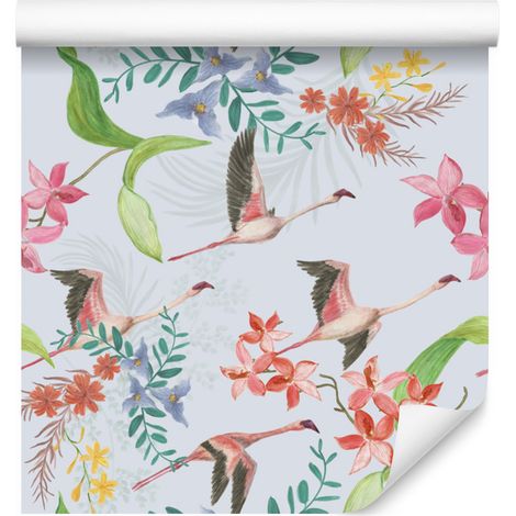 Papel pintado con grullas voladoras y flores para salón y dormitorio, 50x1000 cm. (1/5)