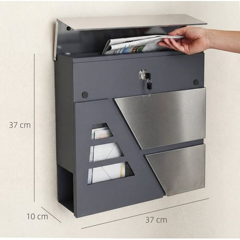 Wandbriefkasten 37 x 10 x 37 cm aus dunkelgrauem Metall mit Zeitungsfach – MEUBLIV (1/5)