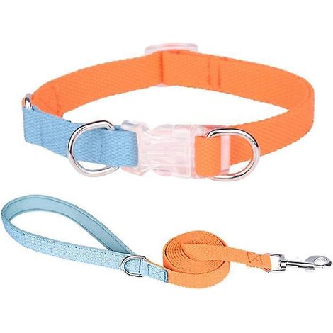 Verstellbares Hundehalsband und Leine, klassisches Set in Orange und Blau, Größe M.