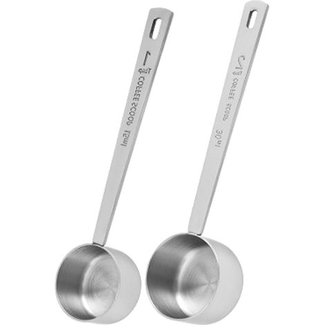 Ensemble de 2 cuillères doseuses à café en acier inoxydable : 1 cuillère à soupe (15 ml) et 2 cuillères à soupe (30 ml).