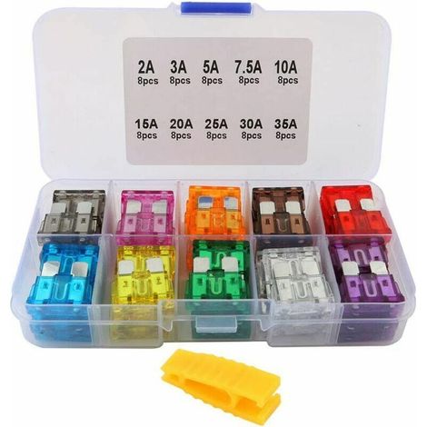 Kit assortimento professionale di 80 fusibili per auto, set di fusibili a lama standard, con estrattore di fusibili di ricambio e scatola di conservazione – 2A / 3A / 5A / 7.5A / 10A / 15A / 20A / 25A