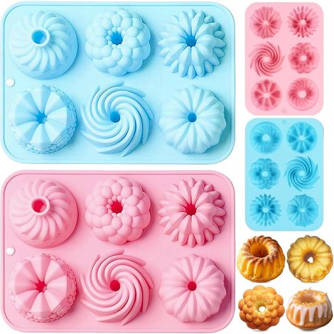 Confezione da 2 mini ciambelloni in silicone, teglia per torte a 6 cavità, teglia per savarin riutilizzabile, teglia antiaderente per biscotti, bagel, muffin (1/5)