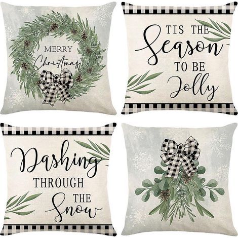 Set di 4 federe natalizie, con motivo a ghirlanda, decorazione da giardino, federe "Buon Natale" in cotone e lino, 45 x 45 cm (1/5)