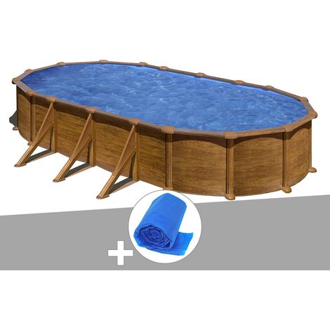 Kit piscine acier aspect bois Gré Mauritius ovale 7,44 x 3,99 x 1,32 m + Bâche à bulles