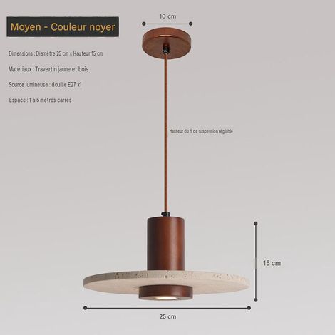 Suspension Y format moyen noyer, pierre travertin, E27 220V, LED chaud