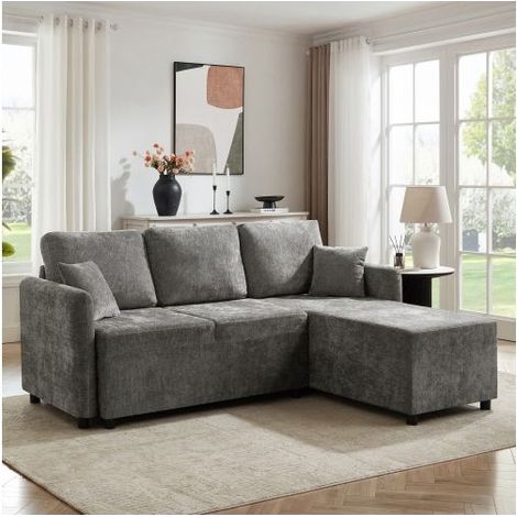 Canapé Modulable 197x144x86cm 3 Places Tissu Chenille Gris - Canapé d'angle - Inclus 2 Coussins, Mousse Haute Densité, Idéal Salon (1/5)