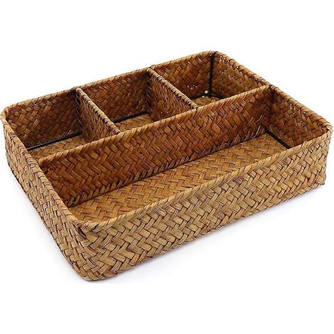 Panier en osier à 4 compartiments pour sachets de thé et de sucre, organisateur tressé en jonc de mer pour coin café et garde-manger (1/5)