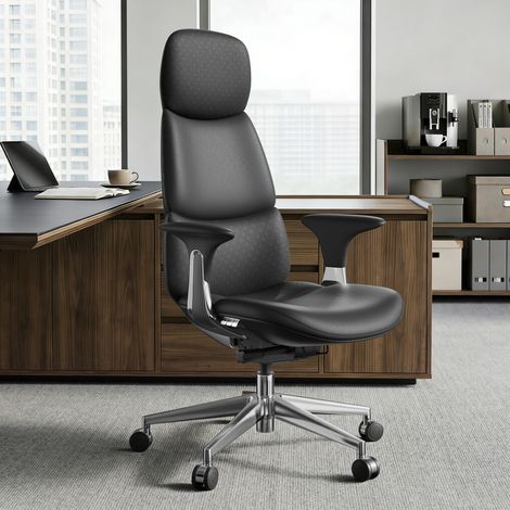 Fauteuil de bureau en cuir noir, ergonomique et réglable, mécanisme à 3 leviers, inclinaison jusqu’à 135°, assise coulissante, base en aluminium et roulettes silencieuses – CHICFURN (1/5)