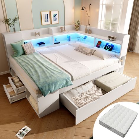 Lit banquette 140x200 blanc LED USB Type-C, lit double multifonction rangement étagères tiroirs sommier inclus (1/5)