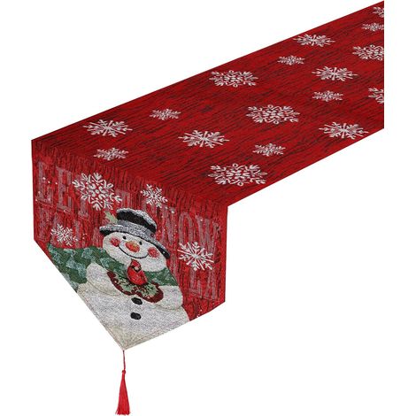 Chemins de Table de Noël Chemin de Table de Noël en Coton et Lin Noël Lavable en Lin de Table Rouge (1/5)