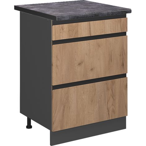 Mobiletto base per cucina R-Line, Quercia dorata, 60 cm con cassetti, PL Antracite, Vicco