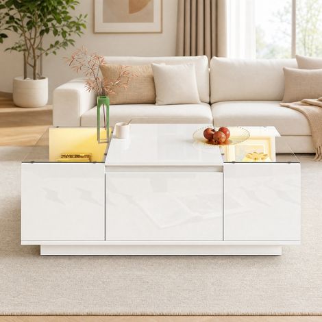Table basse moderne 105x50x35 cm en panneaux de bois blanc, avec rangement pour salon FloraGrace (1/5)
