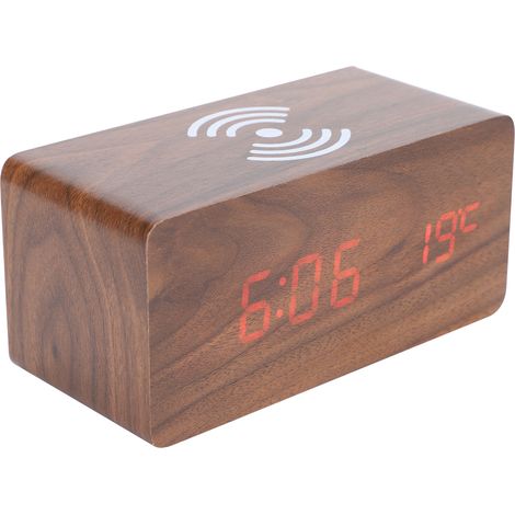 Réveil électronique numérique à LED avec chargeur sans fil et alarme rectangulaire en bois, décoration de table de chevet (1/5)