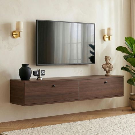 Meuble TV suspendu 2 portes décor noyer 140 cm MARFA (1/5)