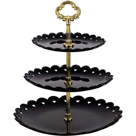 Présentoir à gâteaux avec poignée Présentoir à gâteaux à 3 niveaux, décoration de fête de mariage, comme assiette de fruits et assiette de service (noir, rond)-Fei Yu (1/5)