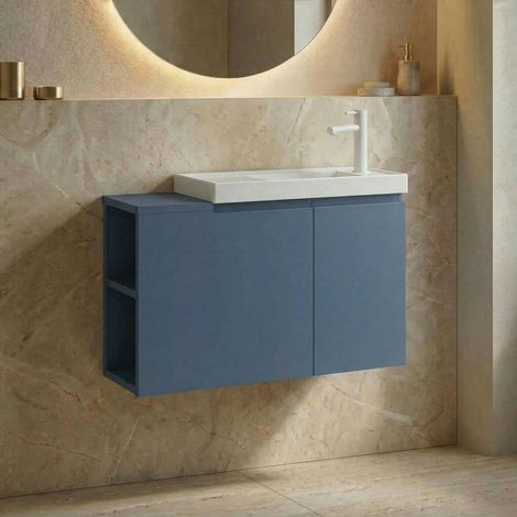Lave-mains suspendu 80 cm bleu 2 portes 2 niches IRIS (1/4)