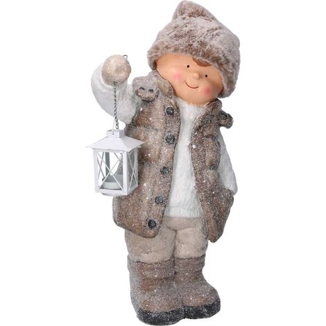 STATUINA BAMBINO IN RESINA CON LANTERNA BEIGE PORTA T-LIGHT 30X21H51CM ADDOBBI NATALE (1/2)