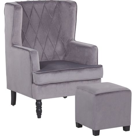 Sillón con reposapiés tapizado en tela de terciopelo gris con patas de madera butaca silla orejera Sandset (1/5)