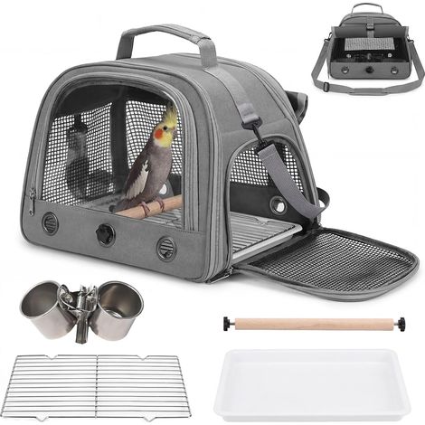 Sac de transport pour oiseaux - Sac à dos léger et respirant - Sac portable avec perchoir - Idéal pour les voyages et les visites chez le vétérinaire - Gris (1/5)