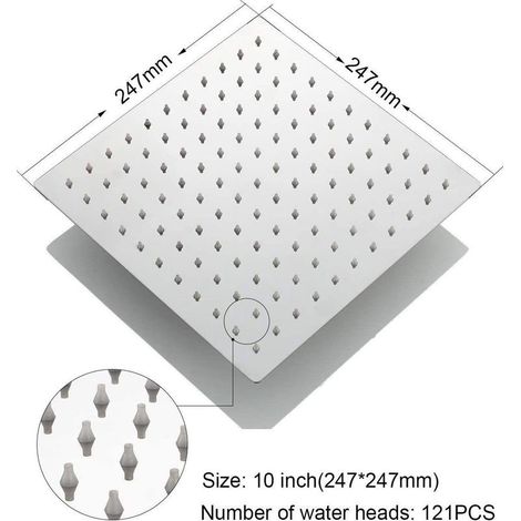 Tête de Douche Carrée Pomme de Douche en Acier Inoxydable Pommeau de Douche Ultra-Mince économie d'Eau et Haute Pression Détartrisation pour Salle de Bain 24.7 cm (1/4)