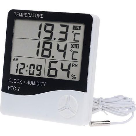 Thermomètre-hygromètre numérique avec écran LCD, réveil et sonde de 1 m. Indicateur de température et d'humidité pour chambre à coucher. (1/5)
