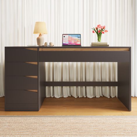 Bureau droite 140x50 cm avec 5 tiroirs, espace de travail, meuble coiffeuse, MDF gris et finition chêne (1/5)
