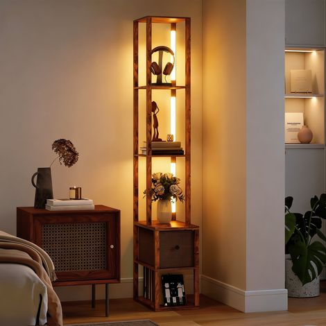 Lampe sur pied LED étagères Luminosité réglable Footswitch chambre Rustic Brown