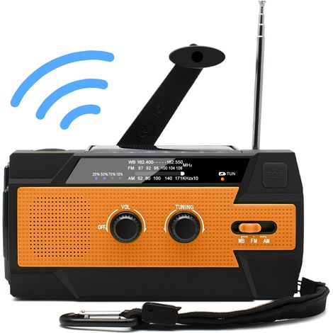 Radio météo portable AM/FM/NOAA à manivelle avec batterie externe, alimentée par énergie solaire. (1/4)