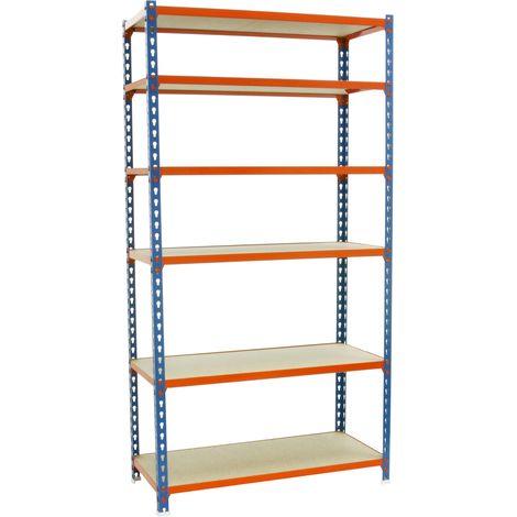 SimonRack Scaffale Portaoggetti, 2500x1100x400 mm, 6 Ripiani in Legno, Portata 200 kg per Ripiano, Scaffale da Garage, Blu/Arancione/Legno – Maderclick