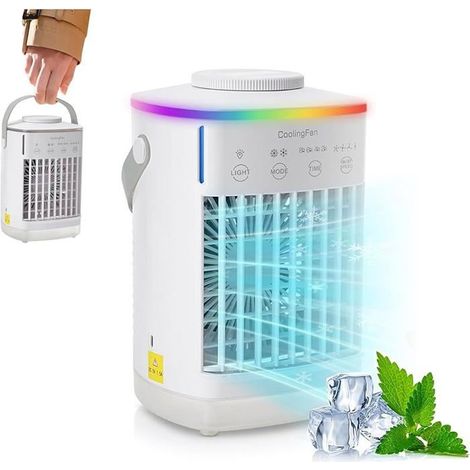 Climatiseur Mobile Silencieux, 2 en 1 Rafraichisseur dair avec 4 Vitesses 2 Brumes, 2-8H Timer, 7 LED,Petit (1/5)
