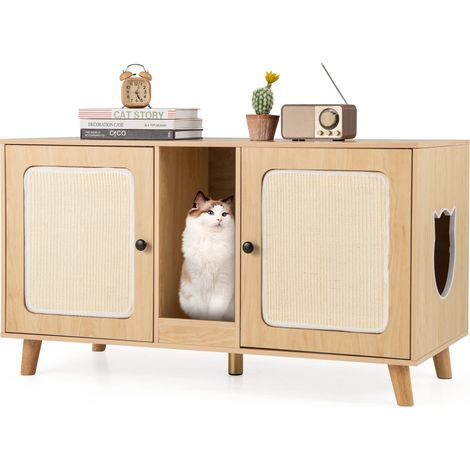 Meuble à litière pour chat naturel avec 2 compartiments, 2 tapis sisal et pieds en bois, pour salon, chambre et entrée (1/5)