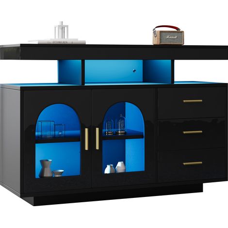 ELVMI Buffet de Cuisine avec 2 Portes, 3 Tiroirs, 3 Niches et LED RGB, pour Cuisine, Noir, 120 x 40 x 80 cm (1/5)