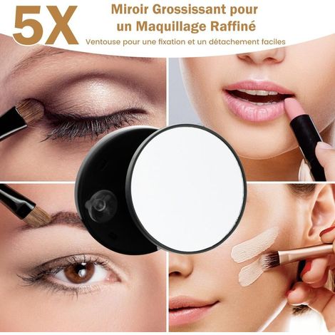 Miroir Maquillage LED Lumineux 3 Couleurs Variateur Tactile et Miroir Grossissant 5X Rotatif 360° pour Coiffeuse 56x12x48cm Noir (1/4)