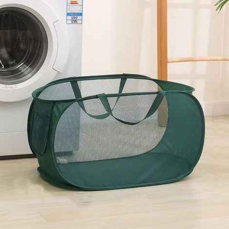 Cesto de ropa plegable – Tipo pop-up, con asas y compartimentos, doble malla, transpirable, verde