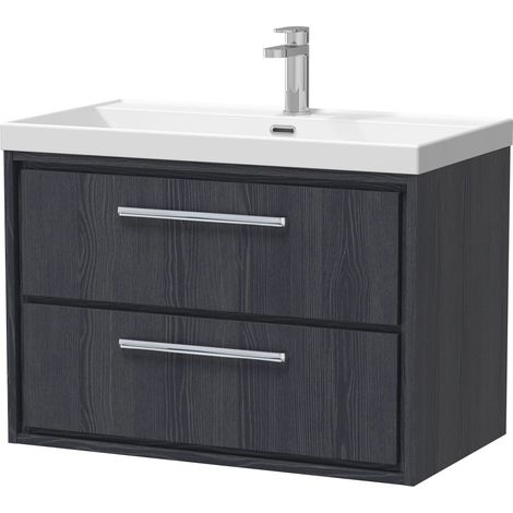 Longnor 2 Drawer Wall Hung Vanity Unit with 1 Tap Hole Thin Edge Basin, Woodgrain Graphite Grey, 800mm