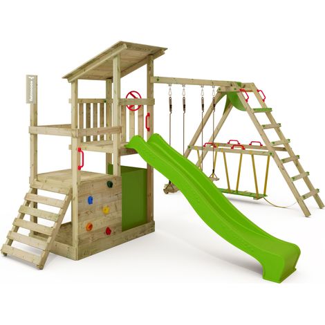 FATMOOSE Spielturm Klettergerüst FruityForest mit SurfSwing & Rutsche, Kletterturm mit Sandkasten, Leiter & Spiel-Zubehör - apfelgrün