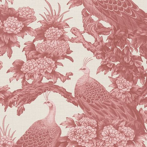 Empapelado con pájaros Profhome 399824 papel pintado vinílico estampado en caliente tejido non tejido ligeramente texturado con dibujo floral mate crema rojo rosa 5,33 m2