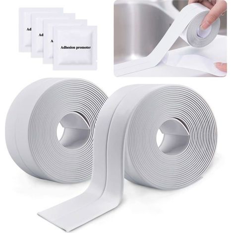 Ecleanfy - 2 Rouleaux Bande Etancheite Autocollante Imperméable, PVC Ruban Adhesif de Scellage Mural (Blanc) (1/5)