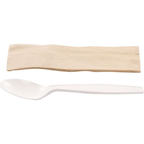 Kit couverts blanc 2 en 1 en maïs : cuillère + serviette kraft - 500 unités - Betik