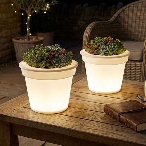 Vaso di fiori a LED solare illuminazione vaso di fiori solare, bianco satinato, batteria ricaricabile LED bianco neutro, H 19 cm, set di 2 (1/5)
