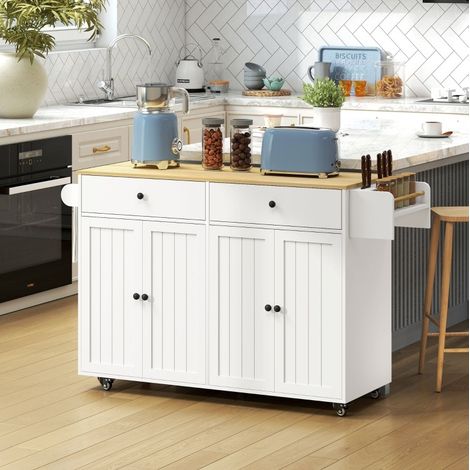 Isla de cocina 147x43x89 cm de paneles de madera blanca con almacenamiento FloraGrace (1/5)