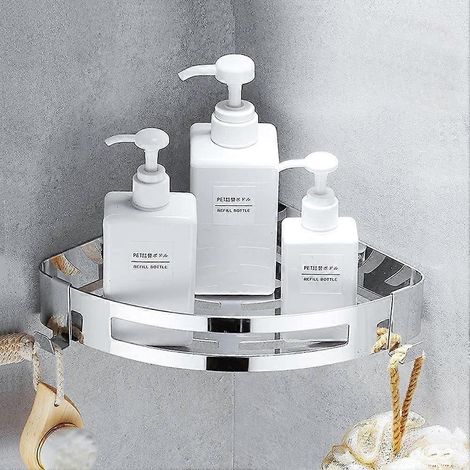 Étagère d'angle pour douche - Étagère de douche avec crochets - Panier de douche - Triangle en acier inoxydable (1/5)