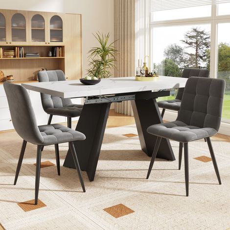 Ensemble salle à manger 5 pièces table extensible 160x80 cm + 4 chaises velours gris table blanche pieds plats design moderne cuisine salle à manger compact